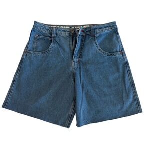 A-Lab Men's Blue Denim Baggy Shorts Size 34 Y2K Bunny Embroidered Raw Hem Skate
